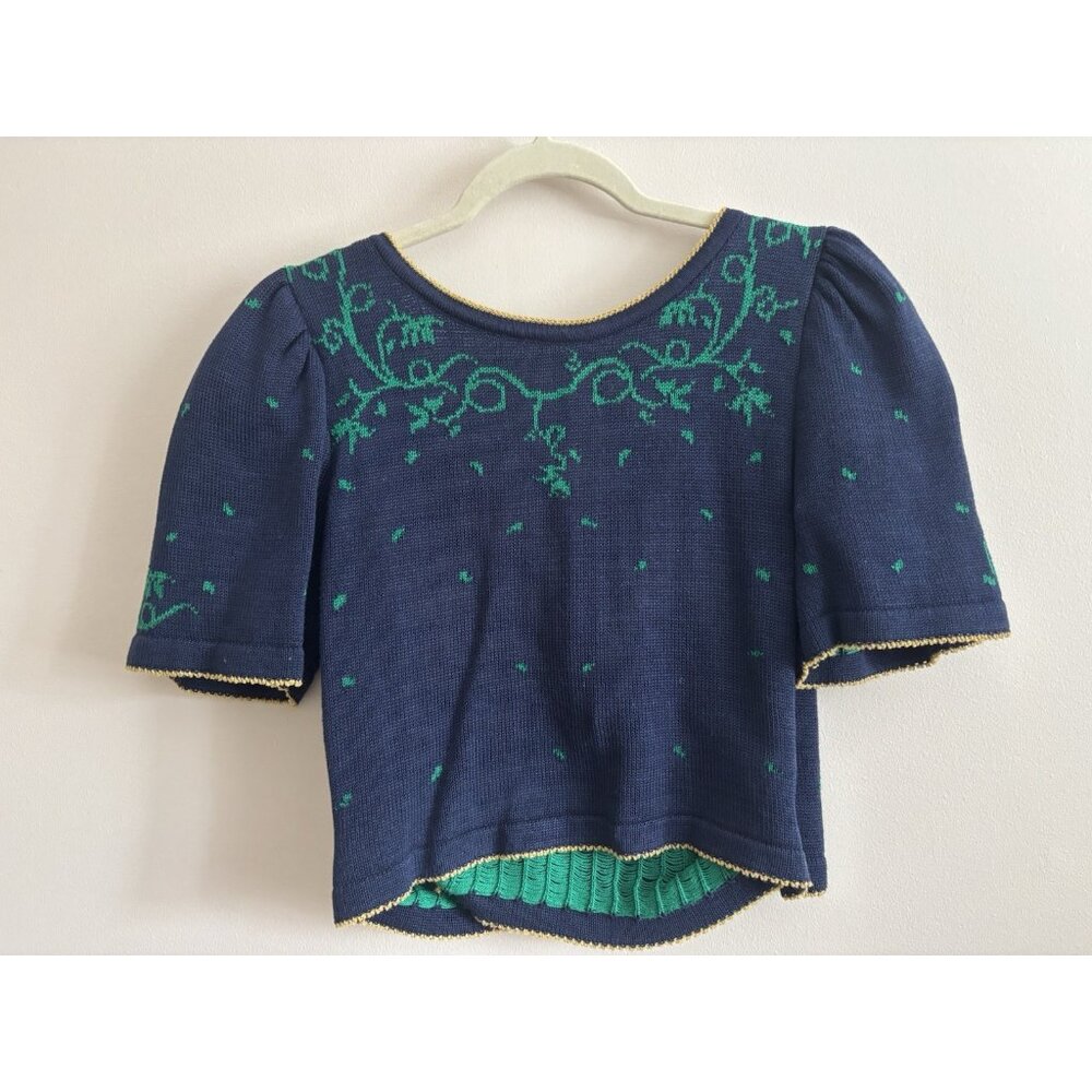Vintage Blue Green Knit Wrap Sweater Cropped Fit Deep V Puff Sleeves Union Small - Picture 7 of 12